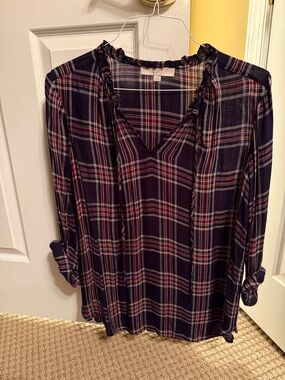 LOFT Navy Plaid V-Neck Ruffle-Trim Tunic with Subtle Red Stripes